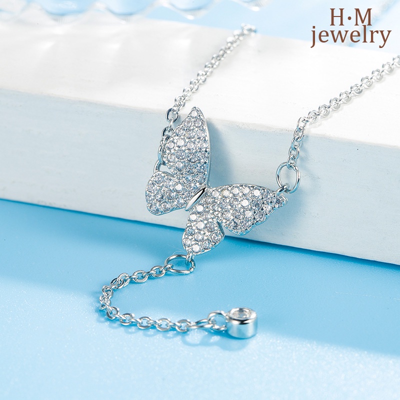 Kalung Rantai Clavicle Silver S925 Model Rumbai Kupu-Kupu Hias Berlian Mutiara