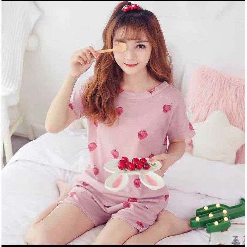 HOPYLOVY - Setelan Pakaian Tidur Wanita Hotpants Set Basic Berry