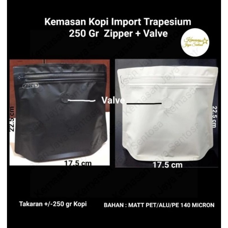 Kemasan Kopi Import Trapesium 250 gr zipper + valve. standing pouch hitam putih.flat bottom hitam pu