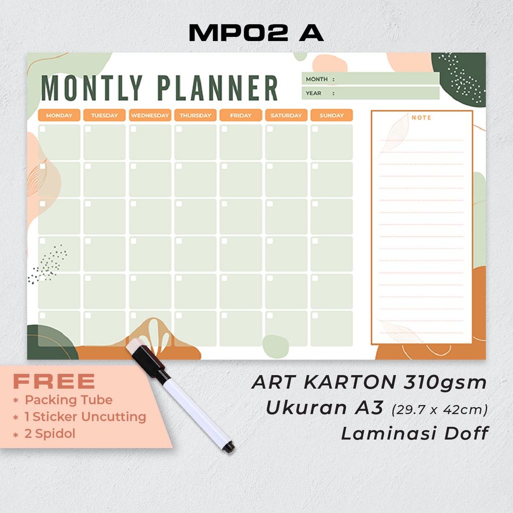 

Artomaringi MONTHLY, WEEKLY, DAILY PLANNER Bonus Spidol Wipe and Clean MP02