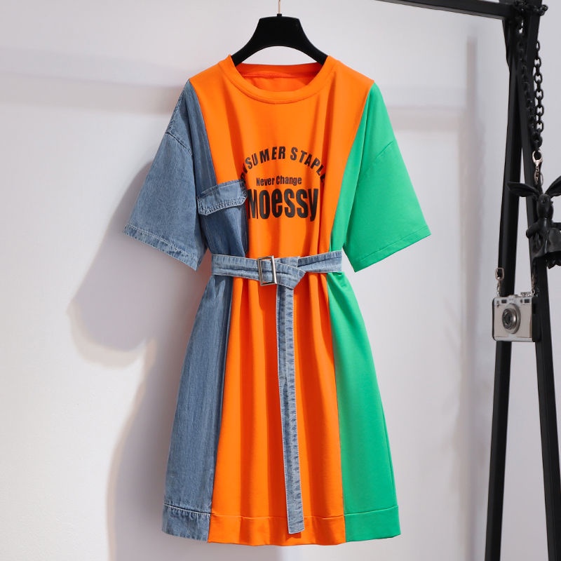 Denim stitched T-shirt dress women's summer 2021 new design sense, small people close the waist and