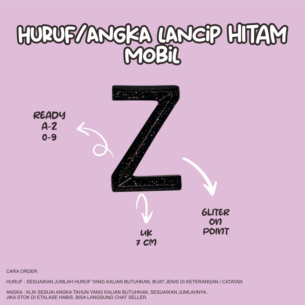 HURUF/NOMOR PLAT MOBIL SATUAN/GROSIR - SEGI 5 HITAM GLITTER