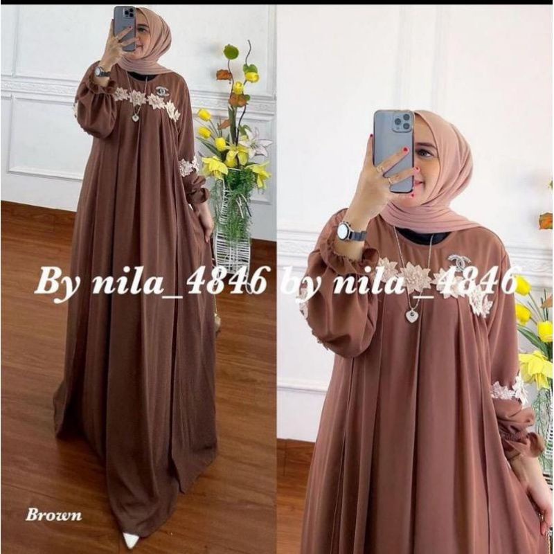 Gamis Fathiyah Dress Bordir Bunga Timbul || Realpict (COD Bayar Ditempat)