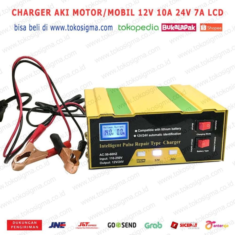 CHARGER AKI MOBIL CAS BATERAI KERING BASAH MOTOR 12V 10A 24V 7A LCD