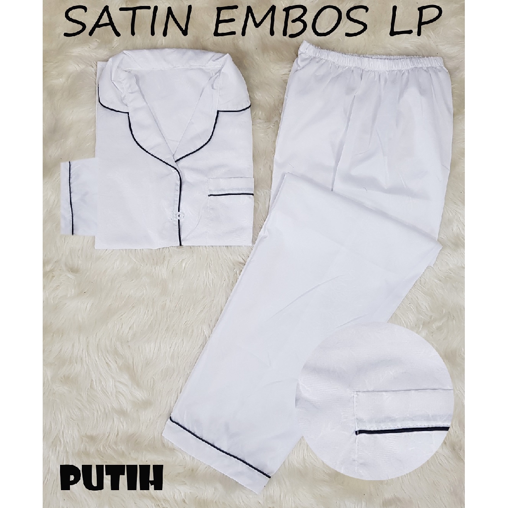 FortKlass LP Piyama Satin Embos Sleepwear Stelan Baju Tidur Lengan Panjang Celana Panjang-PUTIH