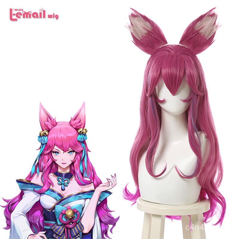 L-email wig Spirit Blossom Ahri Cosplay Wig LoL Cosplay Long Gradient Pink Wig with Ears Headwear He