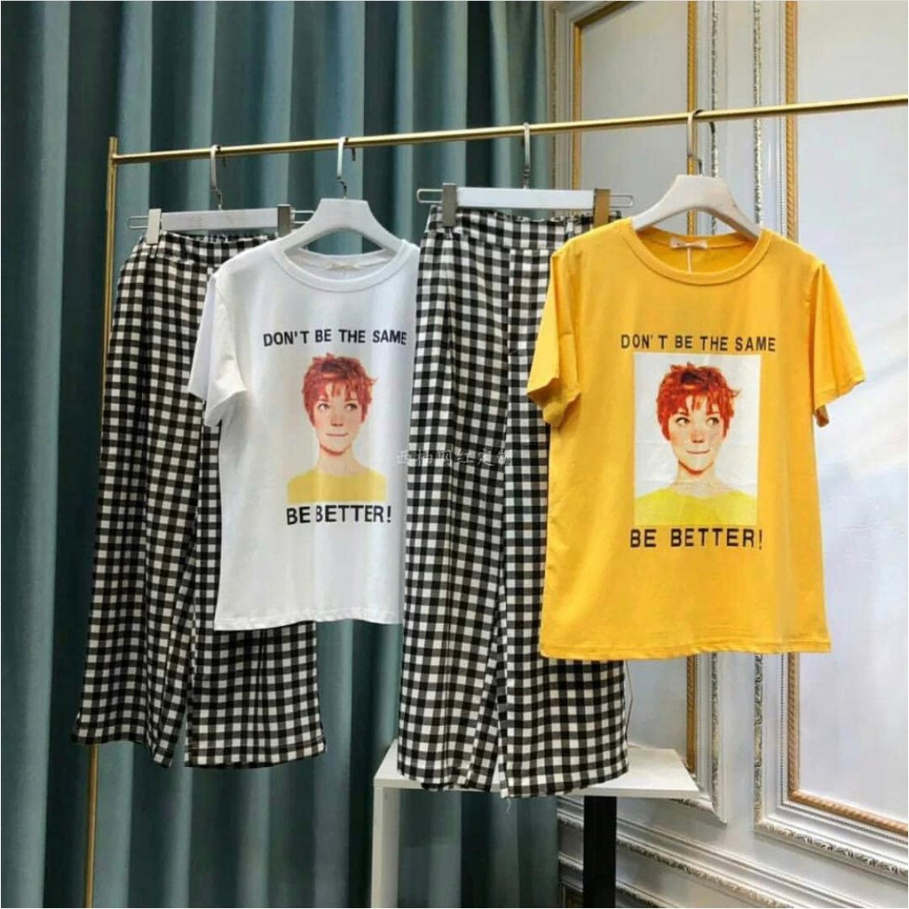 baju SETELAN wanita BE BETTER celana kotak - konveksi tanah abang