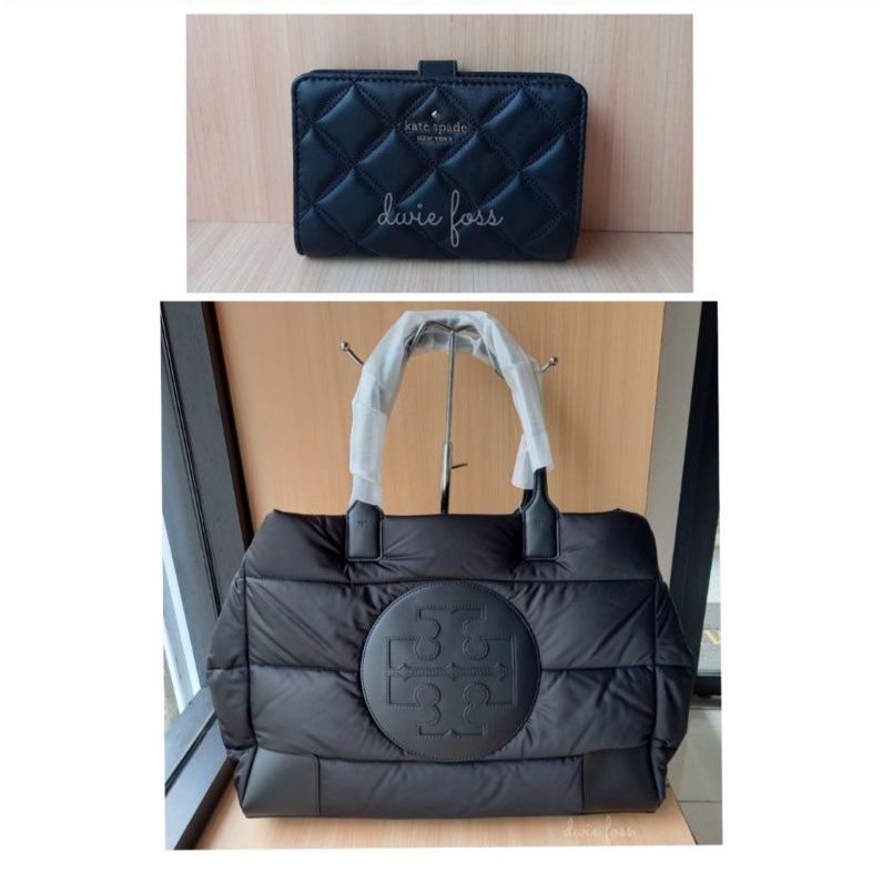 Tas TB Ella Puffer Tote Black & Dompet KS Natalia Medium Zip Bifold Black Quilted Original