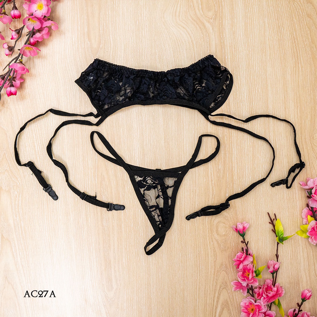 [PRODUK TERBATAS] STOCKING SEXY + SABUK PAHA GARTER BELT LACE HITAM AC27A