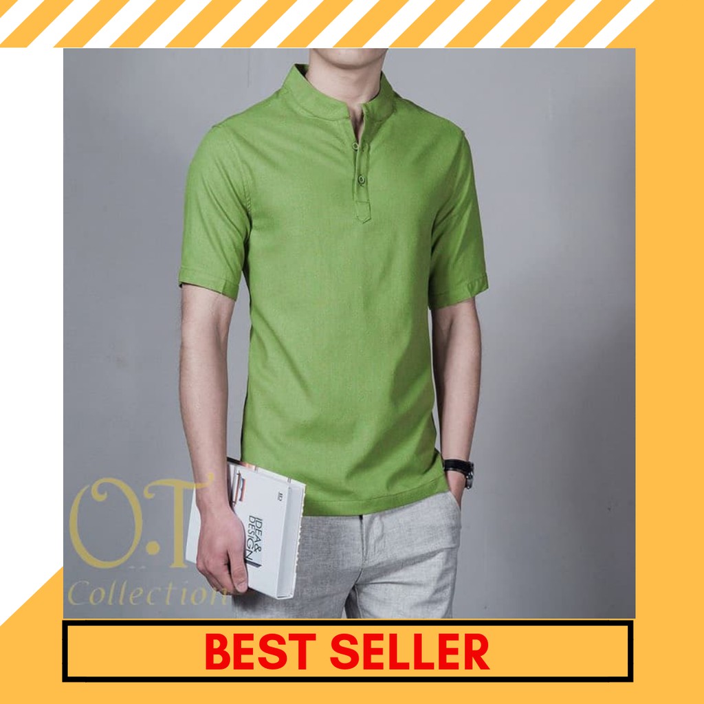 BAJU KOKO PRIA MUSLIM ASSYARIF LENGAN PENDEK WARNA HIJAU MUDA BAHAN KATUN STRECTH