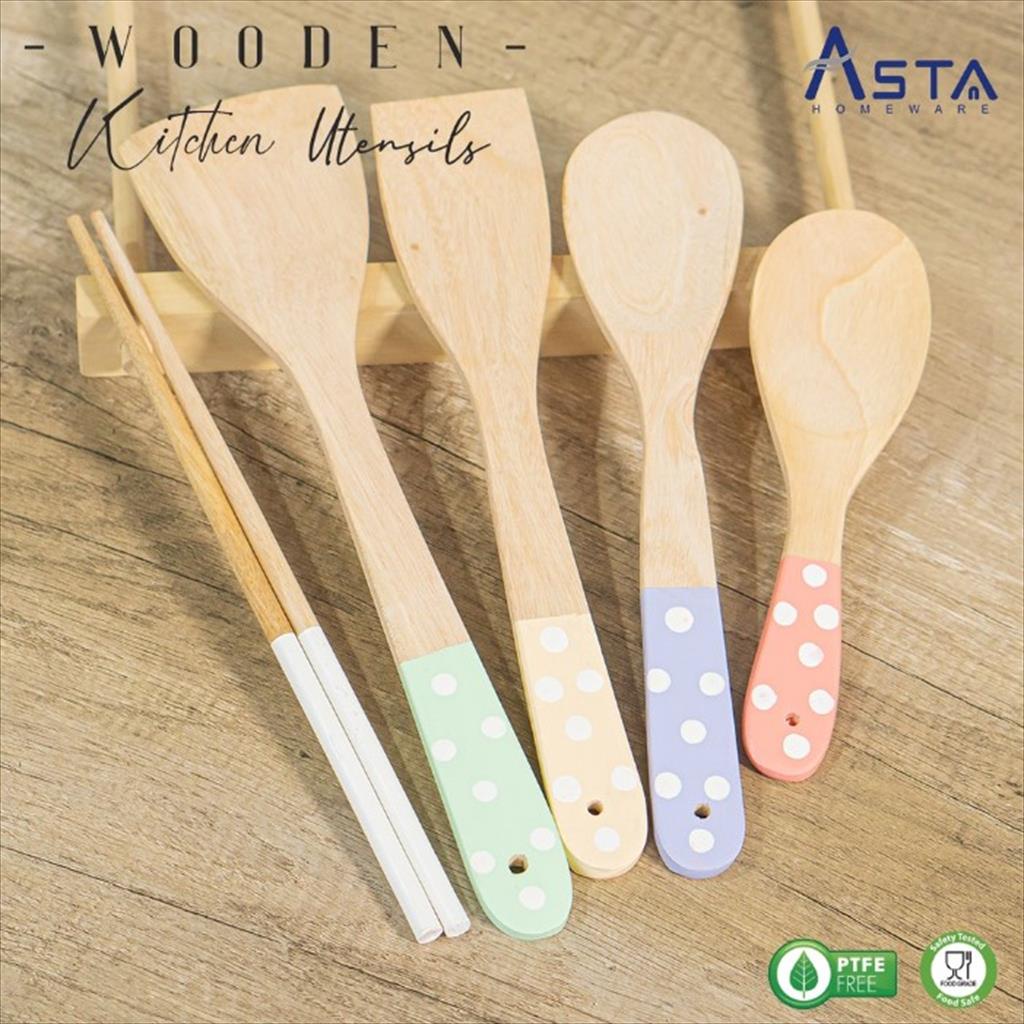 Asta Spatula Kayu Set - Wooden Spatula Set Kitchen Utensile 5 PCS Motif Polkadot