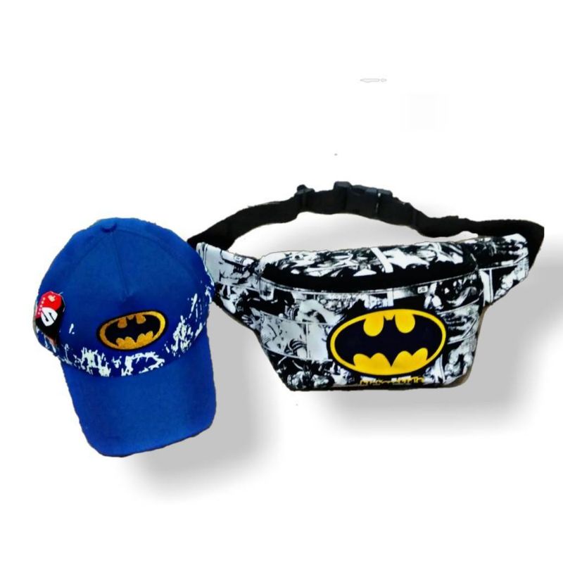 Tas selempang waistbag anak laki-laki canvas karakter batman 2in1 - tas + topi