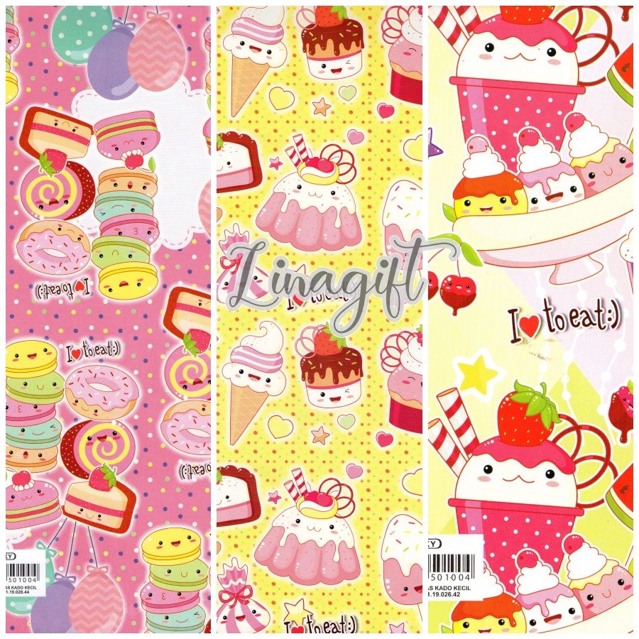 ( 5 Lembar ) CUPCAKE KIKY - KERTAS KADO - GIFT WRAPPING PAPER CUTE CAKE / MACAROONS / ICE CREAMS / FOOD MOTIF