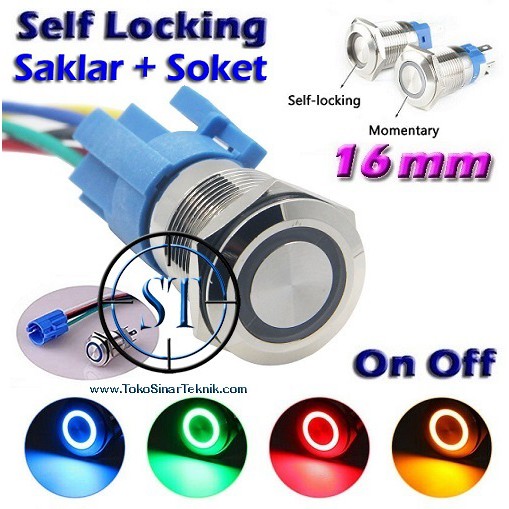 16mm Switch with Ring LED Saklar Metal Stainless Push Button Self Locking Plus  konektor Kabel Set Waterproof Mengunci On Off On