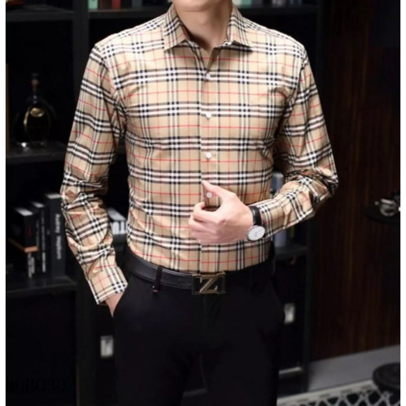Angellynshop - Kemeja Pria BBR Garis Cream /kemeja Casual kotak Lengan panjang/KemejaFashion korean