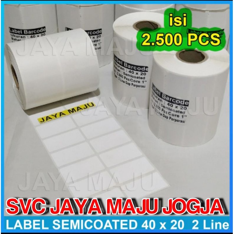

40 X 20 SEMICOATED - 2 LINE - FACE IN - ISI 2.500 PCS || CORE 1" || LABEL BARCODE PAKAI RIBBON THERMAL TRANSFER STIKER LABEL APOTEK KLINIK LABORATORIUM TOKO BAJU DISTRO AKSESORIS HP HANDPHONE || 40X20 LABEL BARCODE PRINTER SEMICOAT