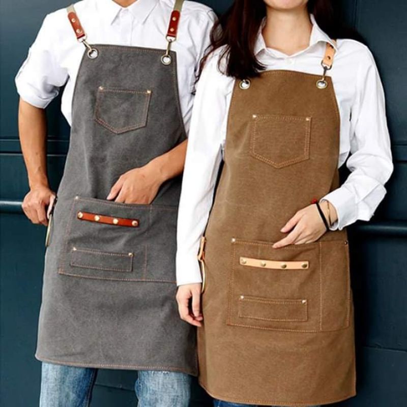 Apron Barbershop Canvas Leather Celemek Barista Waiter Pria wanita Unisex HandMade Original