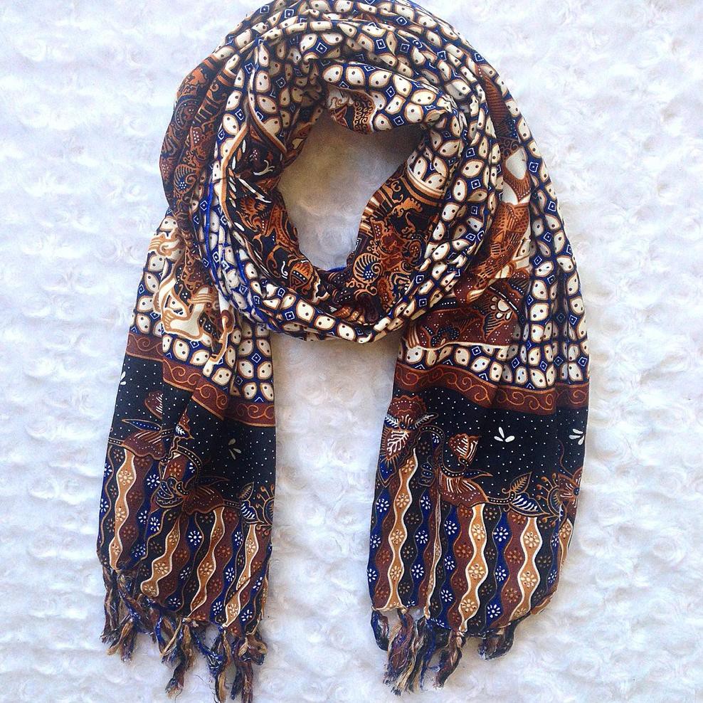 Grosir (SSC) 34f>< Omah Etnik Syal Scarf Batik Motif Kawung Mix Wayang 01-Biru Premium Termurah