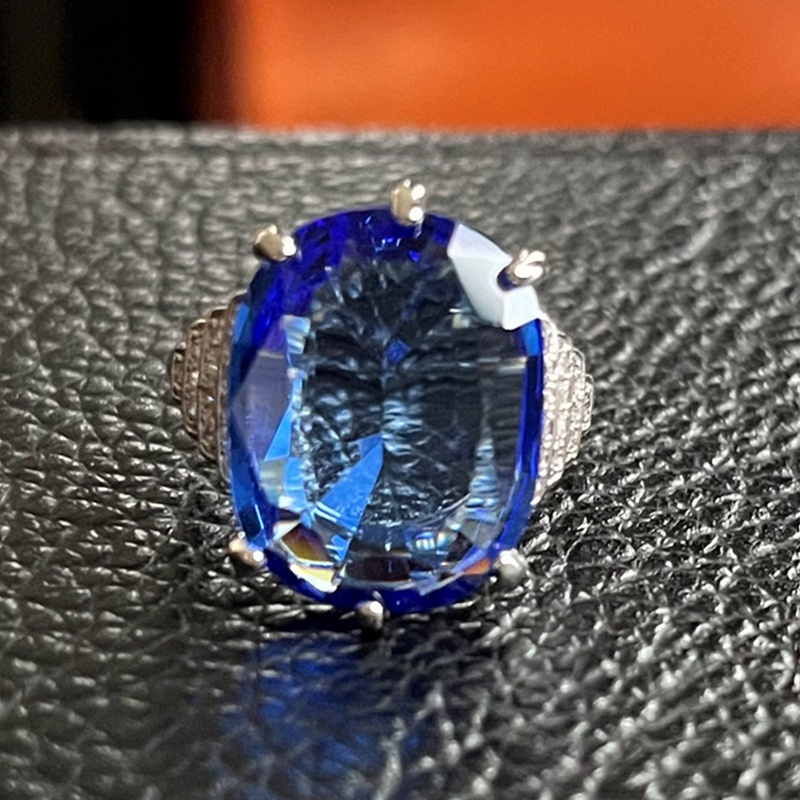 Cincin Wanita Bentuk Oval Hias Cubic Zirconia Biru Gaya Vintage Retro Untuk Pesta Ulang Tahun