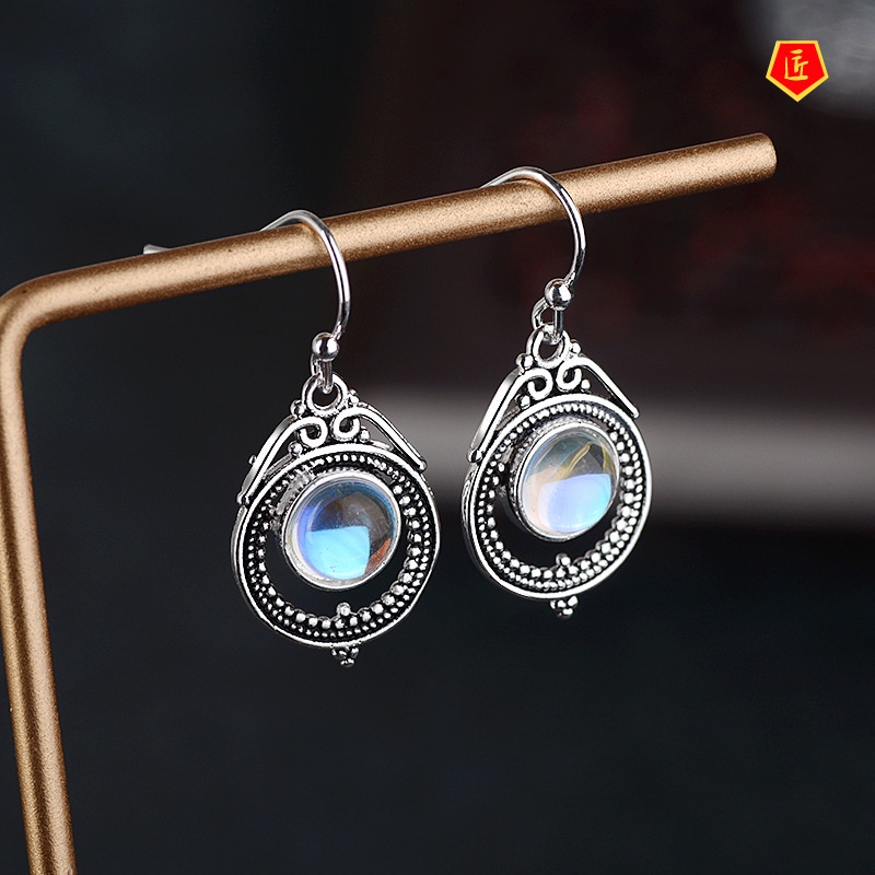 [Ready Stock]Retro Silver Moonstone Earrings Women's