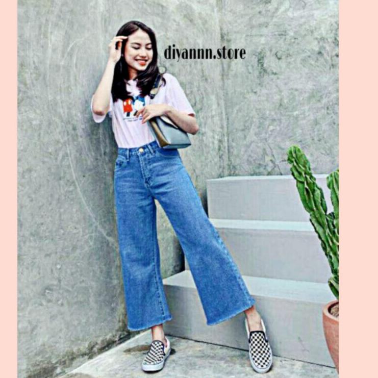 (HARGA TERMURAH) CELANA JEANS KULOT WANITA RAWIS SNOW BLACK CELANA JINS DENIM HIGH WAIST ACID MURAH 
