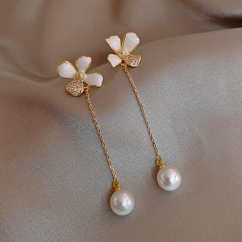 Anting Tusuk Gantung Silver 925 Desain Pita Kelopak Bunga Hias Zircon Mutiara Untuk Wanita