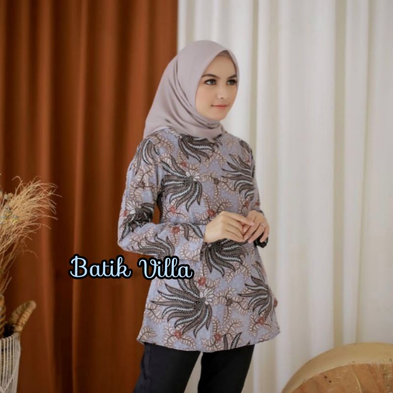 tey-17 Batik wanita ASJ SA HRB026 Kenongo Kemeja Tosca Pendek-Pisang abu