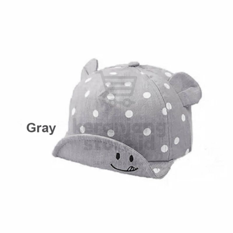 Topi Anak Bayi Polkadot Smile baby Hat Bintik Senyum Telinga-Abu