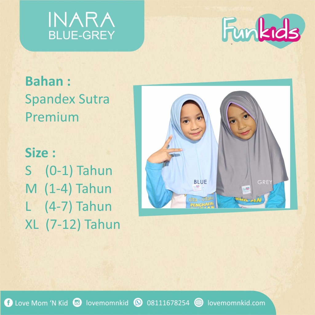 Funkids Inara Jilbab Anak 2 in 1 BLUE-GREY Ukuran S-XL