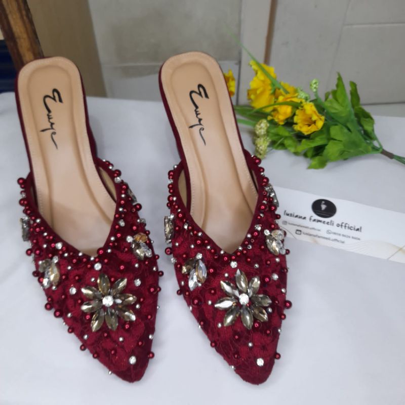 LEE_YUJIN  I heels Sepatu payet  pengantin wanita wedding shoes sepatu kondangan acara formal sepatu wisuda lamaran-Maroon mixs gold