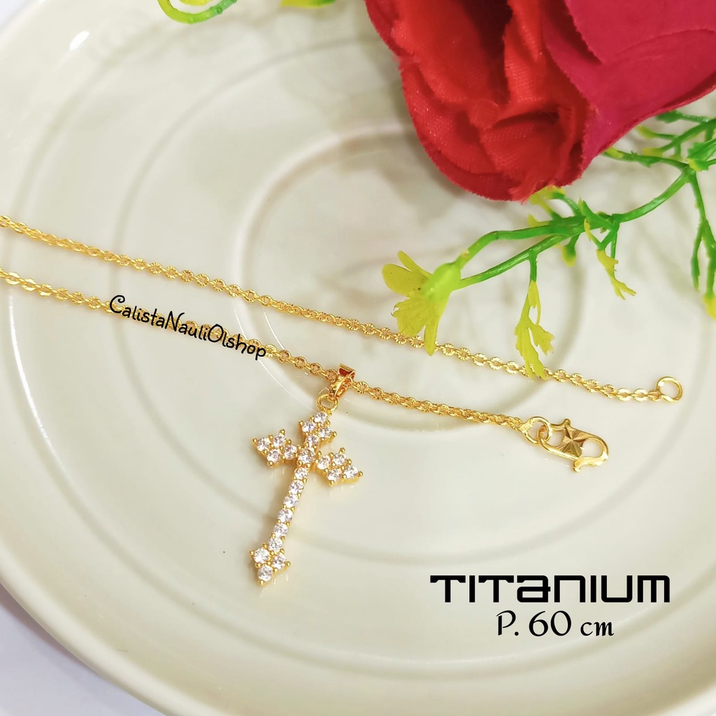 PROMO!! TITANIUM KALUNG SALIB TERMANIS FULL PERMATA ZIRCON PERHIASAN ANTI KARAT&amp;ANTI LUNTUR