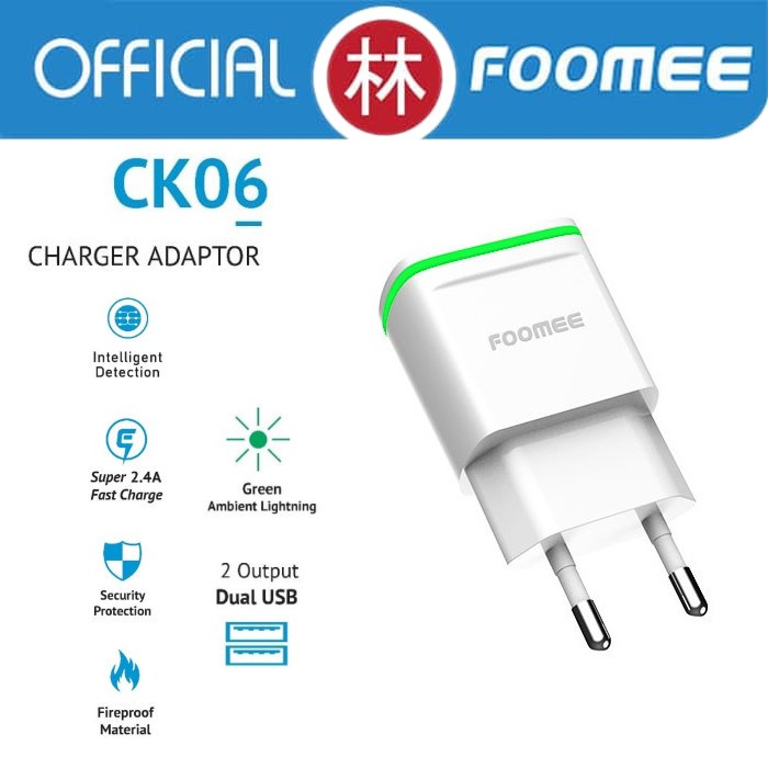 Foomee CK06 Charger Dual USB Output With Green Light LED Fast Charge