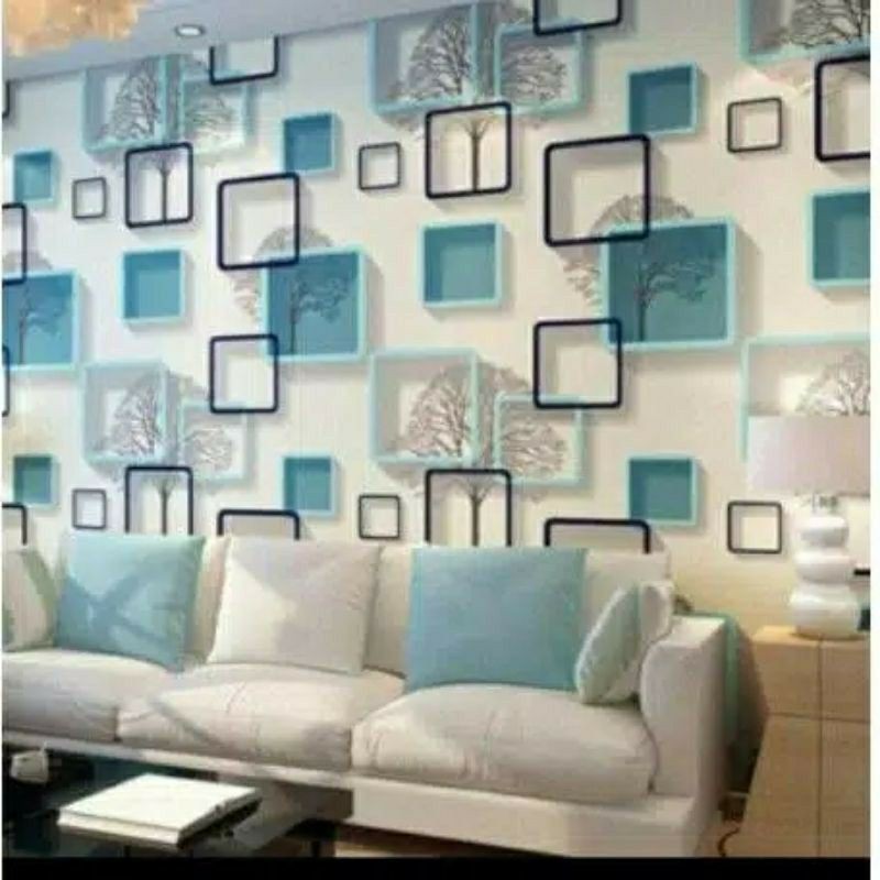 Wallpaper Sticker Dinding Motif Kotak Biru 3D 10mx45cm