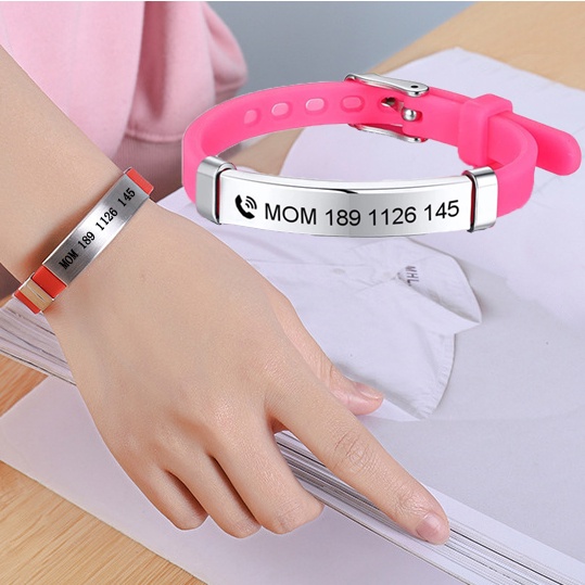 Personalisasi Anak-anak Bayi ID Gelang Lembut Silicone Kemudi Stainless Steel Anak Perempuan Laki-laki Kustom Nama Darurat Telepon