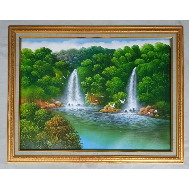Lukisan Nuansa Pemandangan Alam Air Terjun + Bingkai Pigura ukuran 80cm x 60cm