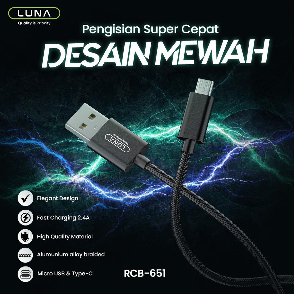 Luna Kabel Data Micro USB / USB Type C Fast Charging Alumunium Alloy Braided Cable Max 2.4A RC 651