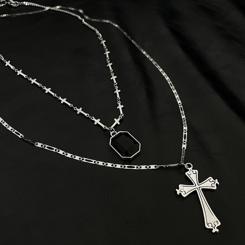 Black Diamond Cross Multilayer Necklace Accessories Stitching Clavicle Chain Personality Street Hip Hop