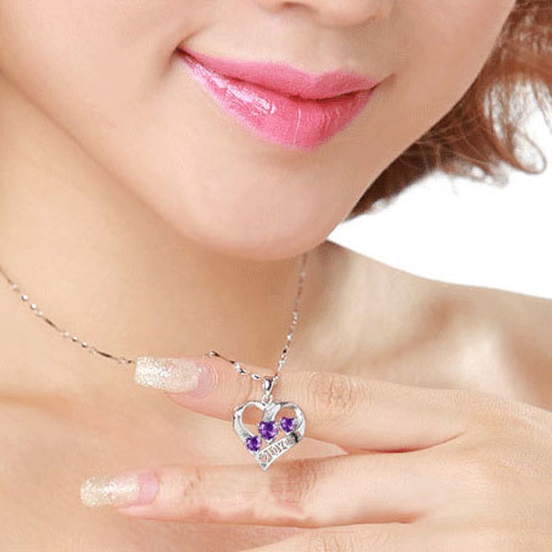 [Ready Stock]Fashion Simple Heart-Shaped Amethyst Pendant Silver Plated Clavicle Chain Necklace