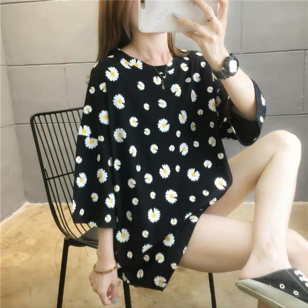 Oversize Tee Tshirt   Wanita Model Longgar Motif Daisy Baru