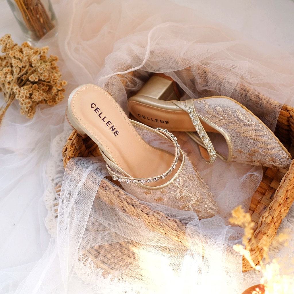 CELLENE • YOURA LACE Heels / sepatu brukat hak 5 cm wedding shoes-light gold