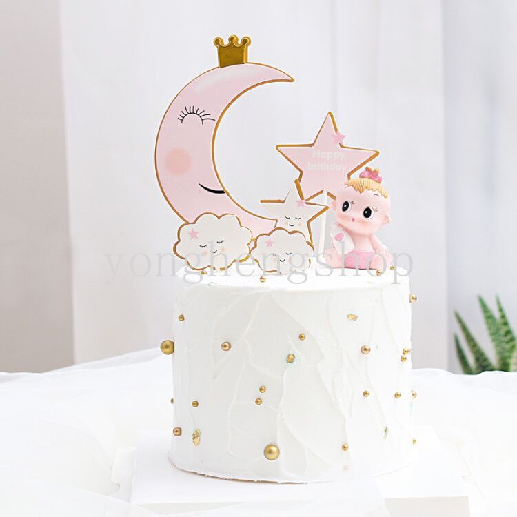 5pcs / set Topper Kue Bentuk Mahkota Bulan Bintang Awan Happy Birthday Untuk Dekorasi Baby Shower