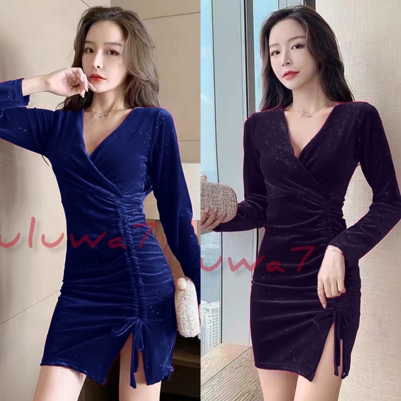 H7 MD14/195 Korean mini dress velvet blink2 panjang v neck belahan tali serut / bodycon dress / dress malam / gaun pesta