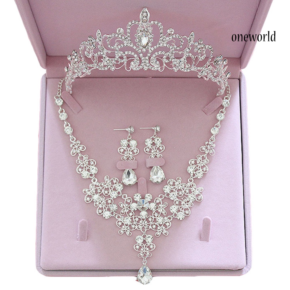 OW@ 3Pcs/Set Rhinestone Butterfly Necklace Crown Earring Bridal Wedding Jewelry Gift