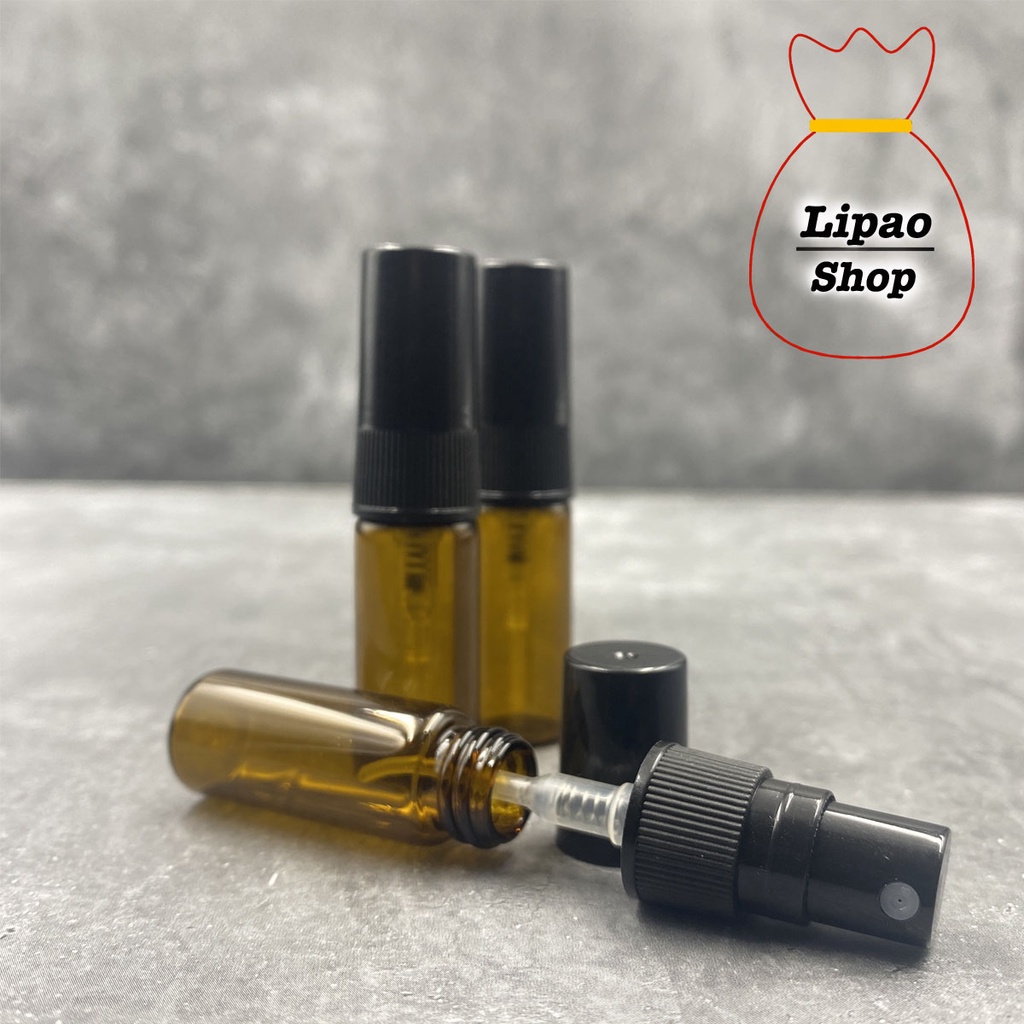 Botol Spray Kaca 3ml AMBER / Coklat - Refillable Travel Size Parfum Tutup HITAM - Atomizer Decant