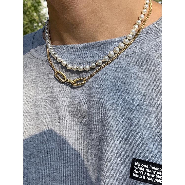 Kalung Desain Geometri Aksen Mutiara Imitasi Gaya Vintage Untuk Pria Dan Wanita