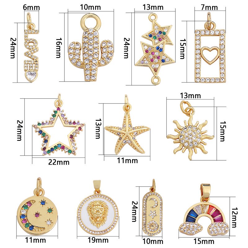 1Pc 7-24mm Gold Plated Zircon Brass Sun Moon Star Cacti Rainbow Charm Pendant for Bracelet Necklace Earring Making DIY Jewelry