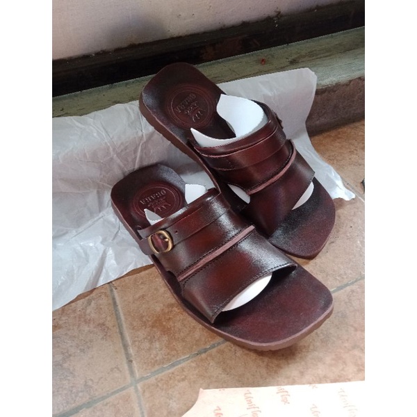 Sandal  pria kulit asli coklat tua 38 39 40 41 42 43 slop sendal cowok dewasa bahan kulit sapi  sol karet kokop original casual murah kekinian 100% terbaru coklat berkualitas