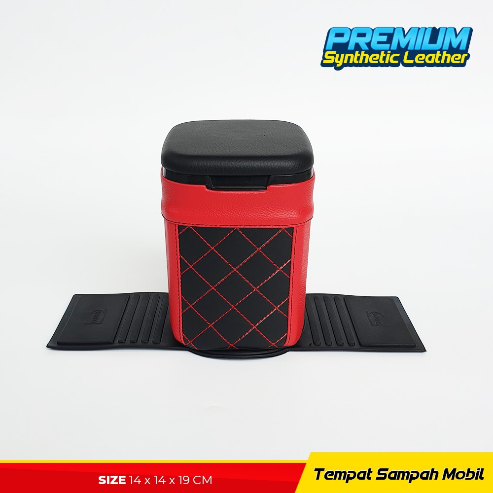 Tempat Sampah Mobil Kulit Premium - Hitam Merah Wajik