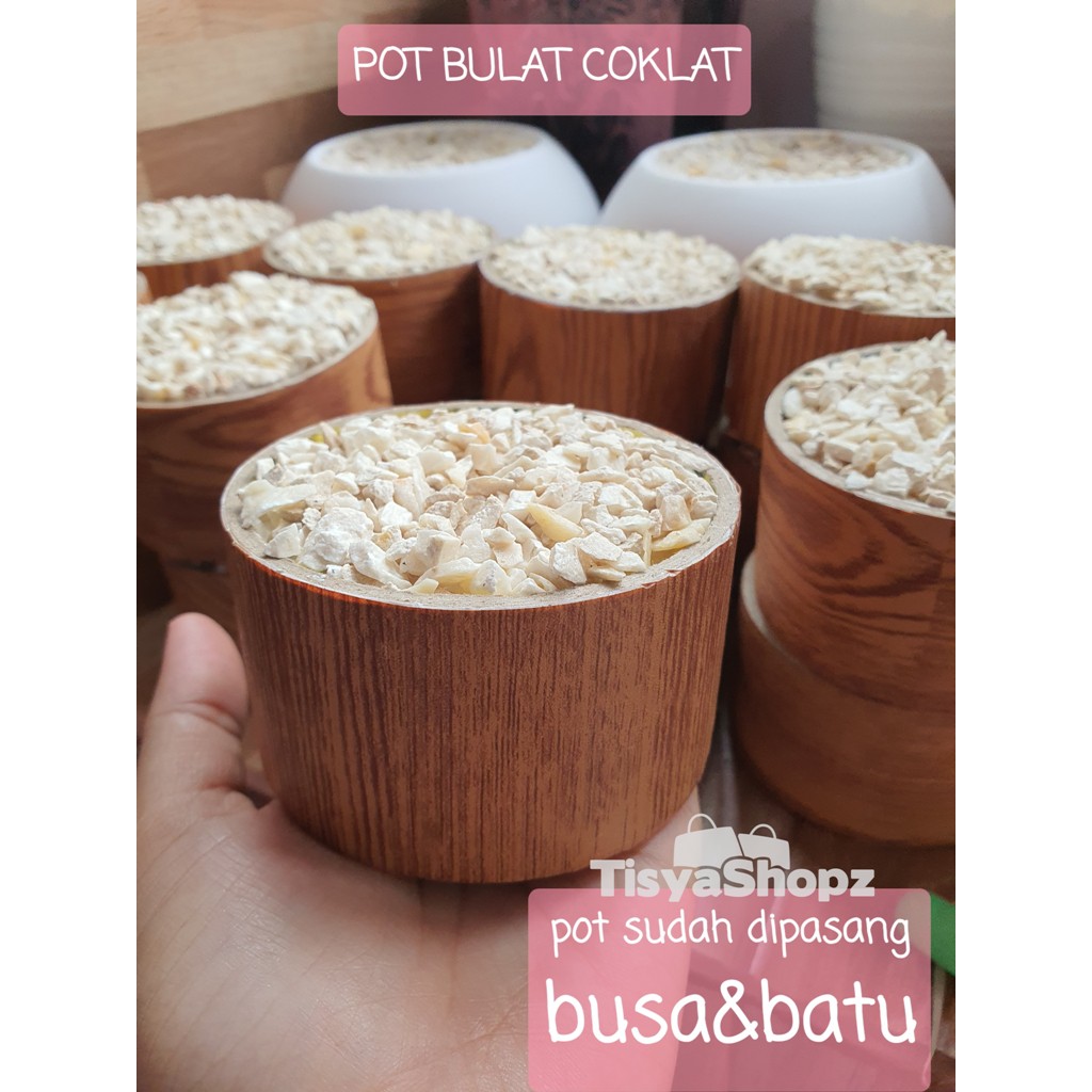 POT BULAT MOTIF KAYU COKLAT / POT MINI