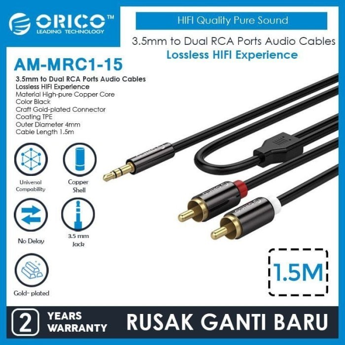 Cable audio Stereo 3.5mm to RCA 2 goldplated 1.5m orico AM-MRC1-15